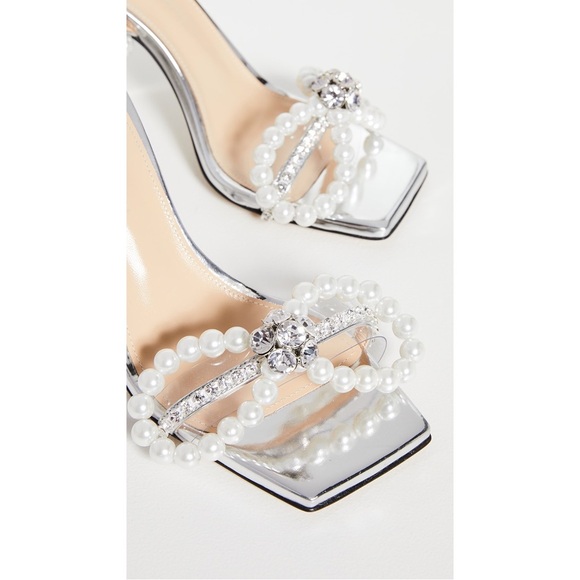 MACH & MACH Pearl Bow Square Toe Sandals in Silver Leather - Picture 2 of 14